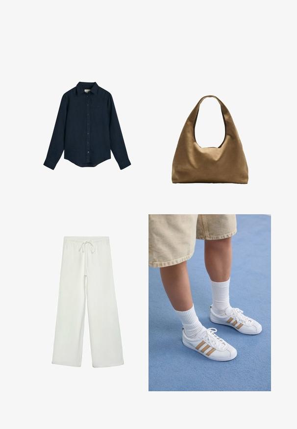 Sininen pellavapaita, jossa on napitettava kaulus, pitkät hihat ja suora helma. Rinnassa on hillitty logo.; Valkoiset leveälahkeiset housut pehmeästä kankaasta. Varustettu joustavalla vyötäröllä ja nyörillä sekä sileällä pinnalla. Ei näkyviä kuvioita tai tarvikkeita.; Valkoiset tennarit, joissa on kolme kultasta raidat, nauhakiinnitys, kumipohja, yhdistettynä ribbatun valkoisen sukan ja beigen shortsien kanssa sinisellä pinnalla.; Ruskea kangaskassi, jossa on leveä, pyöristetty muoto ja suuri leikattu kahva. Pehmeä pinta, minimalistinen muotoilu ja ei näkyvää metalliosaa.