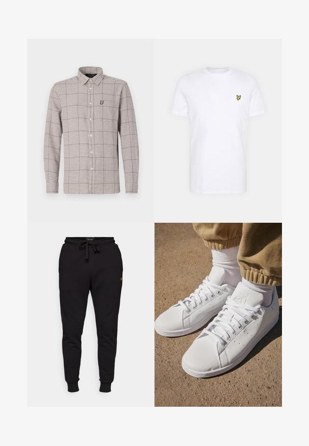Chemise à carreaux beige et marron, avec des manches longues, un col et un petit logo brodé sur la poche poitrine.; T-shirt en coton blanc arborant un petit logo brodé noir et jaune sur la poitrine gauche. Manches courtes et col rond.; Pantalons de jogging en coton noir avec une taille élastique, un cordon de serrage et des poignets côtelés. Présente un petit logo jaune sur la cuisse gauche.; Baskets en cuir blanc avec une surface lisse, présentant un design classique à lacets, des perforations pour la respirabilité et une semelle extérieure en caoutchouc texturé.