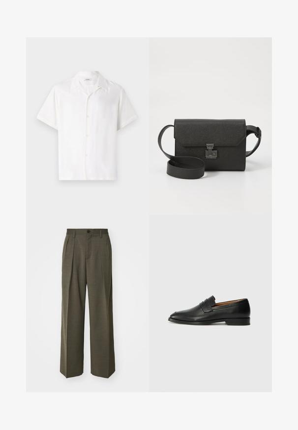 Biała koszula z krótkim rękawem, uszyta z gładkiego materiału, z kołnierzykiem i zapięciem na pięć guzików.; Filippa K - Spodnie materiałowe; Czarne skórzane mokasyny z zaokrąglonym noskiem, subtelnymi przeszyciami i niskim obcasem, charakteryzujące się gładką teksturą i minimalistycznym designem.; Czarna skórzana torba na ramię z teksturowanym wykończeniem, z klapką, metalowymi akcesoriami i dopasowanym regulowanym paskiem.