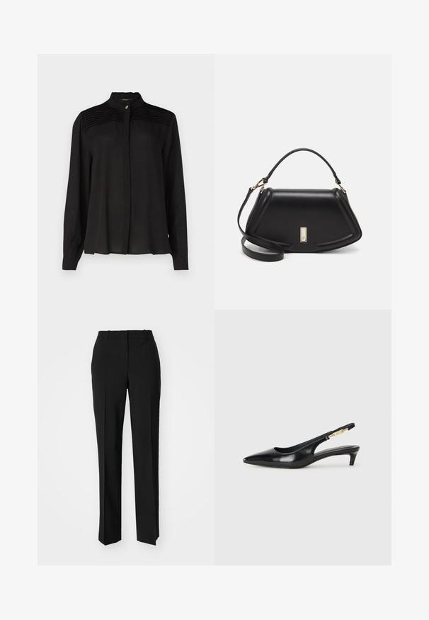 Black long-sleeve blouse with a high collar, featuring pleated detailing on the shoulders and a front button closure. Smooth, lightweight fabric.; Black tailored trousers with a straight-leg design, featuring a smooth texture and crisp creases along the front. No visible hardware.; Black leather slingback heels with a pointed toe, featuring a slim heel and a gold-tone accent on the adjustable strap. Smooth texture.; Black leather handbag with a structured design, featuring a cropped shape, top handle, and gold hardware accent. Adjustable shoulder strap included.