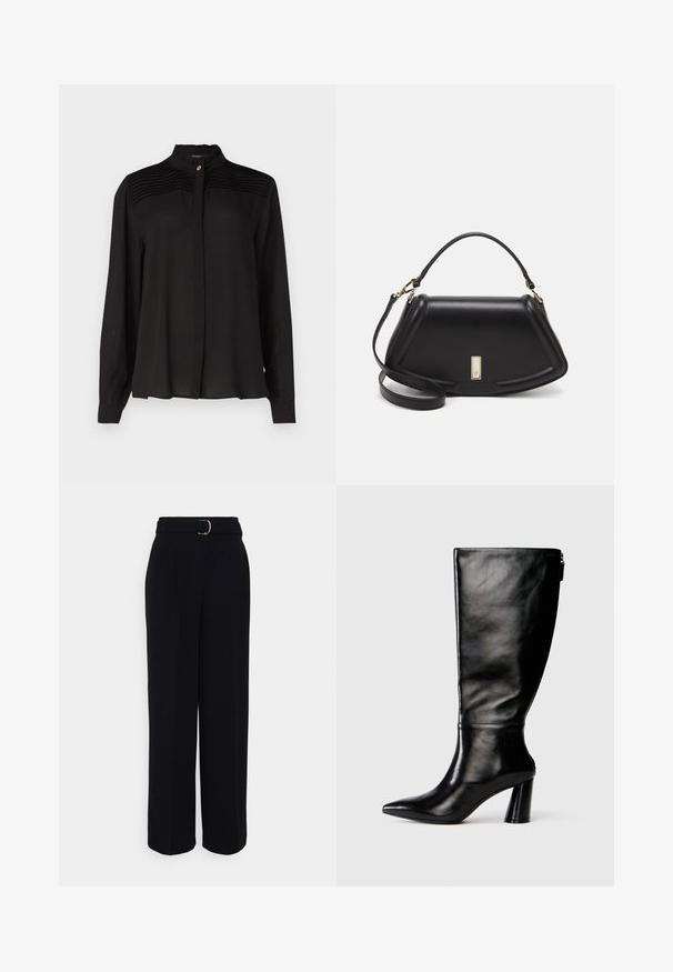 Juoda ilgaaulė bliuska su aukštu apykakle, pasižyminti raukšlėtomis detalėmis ant pečių ir mygtukų uždarymu priekyje. Lygus, lengvas audinys.; Juodos pritaikytos kelnės plačia kojų siluetu, su diržu su sidabriniu sagtimi, klostėmis ir lygiu audinio paviršiumi.; Juodai odiniai aukštakulniai batai iki kelių su smailiu nosimi, lygiu paviršiumi ir stambiu kulnu. Yra užtrauktuko detalė gale.; Juoda odinė rankinė su struktūrizuotu dizainu, turi trumpą formą, viršutinę rankeną ir auksinius akcentus. Pridėtas reguliuojamas peties diržas.