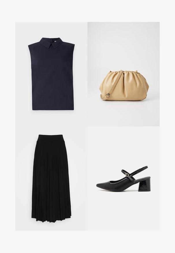 Ærmeløs navy bluse med en struktureret krave, lavet af letvægtsstof. Har en lige pasform og en glat tekstur.; Sort plisseret nederdel med et højt, strækbart taljebånd. Lavet af blødt stof, med lodrette plisseringer for en flydende silhuet.; Sorte patentlæder slingback hæle med spids tå, rund udskæring og blokhæl. Har en guldtonet spændeaccents.; Tan læderhåndtaske med plisseret design, justerbar rem og rund form. Minimalistisk branding på forsiden.