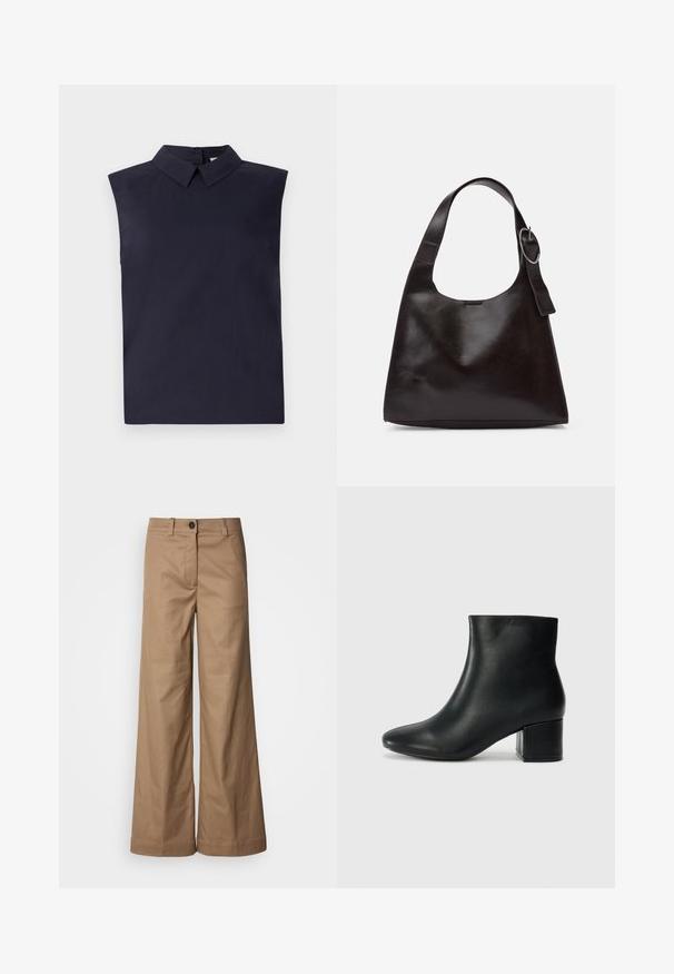 Blusa senza maniche di colore blu navy con colletto strutturato, realizzata in tessuto leggero. Presenta una linea dritta e una texture liscia.; Pantaloni a gamba larga realizzati in tessuto liscio color beige. Presentano una chiusura frontale con bottone, passanti per la cintura e tasche laterali. Linee pulite senza motivi visibili.; Stivali neri in pelle fino alla caviglia con punta appuntita e tacco spesso. Texture liscia con minimi dettagli e un design elegante e aderente.; Borsa a spalla in pelle marrone con una texture liscia, forma arrotondata, ampia tracolla e un accento metallico circolare sul manico.