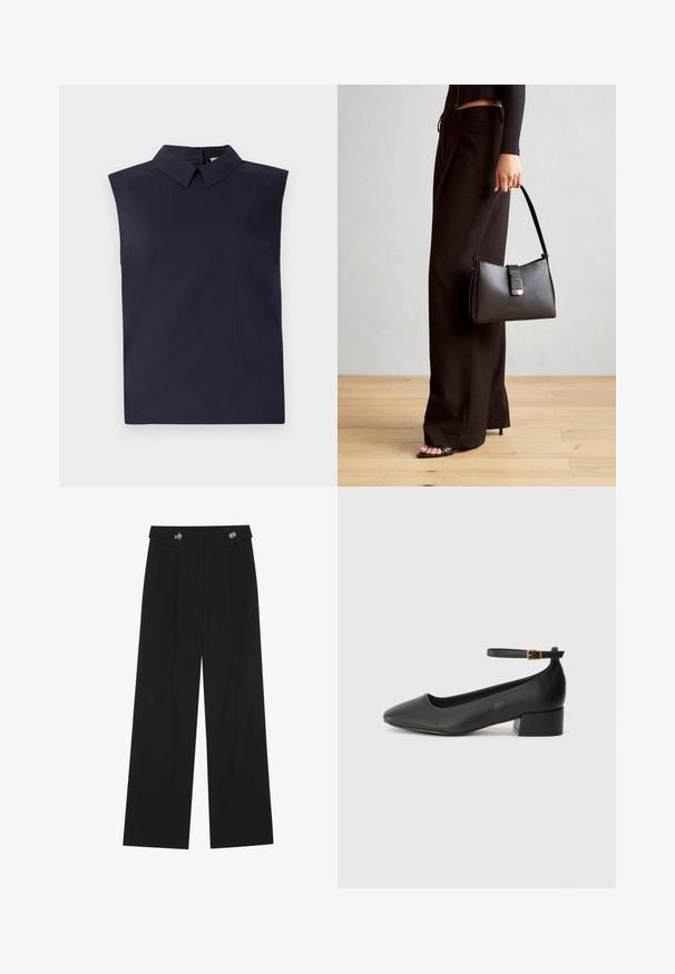 Hihaton tummansininen pusero, jossa on jämäkkä kaulus, valmistettu kevyestä kankaasta. Ominaisuuksiin kuuluu suora leikkaus ja sileä pinta.; Mustat leveälahkeiset housut, joissa on korkea vyötärö, napit vyötärönauhassa ja etupuolella laskokset.; Mustat nahkakengät, joissa on terävä kärki ja matala lohkare korko. Varustettu nilkkahihnalla, jossa on kultasävyinen solki. Lisää sileä pinta.; Musta käsilaukku, jossa on rakenteellinen muoto, sileä pinta ja metallinen solki. Yhdistetty leveisiin mustiin housuihin ja avonaiheisiin sandaaleihin puulattialla.