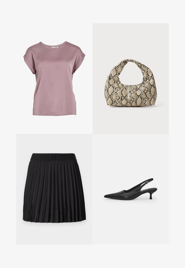 Maglietta a maniche corte con collo rotondo di un morbido color malva, realizzata in tessuto leggero e liscio, con maniche arrotolate e un taglio rilassato.; Gonna nera plissettata con una texture liscia, dotata di una vita nera unita e un dettaglio del logo impresso sul davanti.; Scarpa slingback nera in pelle con punta affusolata e tacco sottile e curvato. Presenta una discreta fascia regolabile con una fibbia in metallo.; Borsa a stampa rettile con manico curvo. Realizzata in materiali testurizzati beige e marroni, presenta un distintivo motivo a rombi.