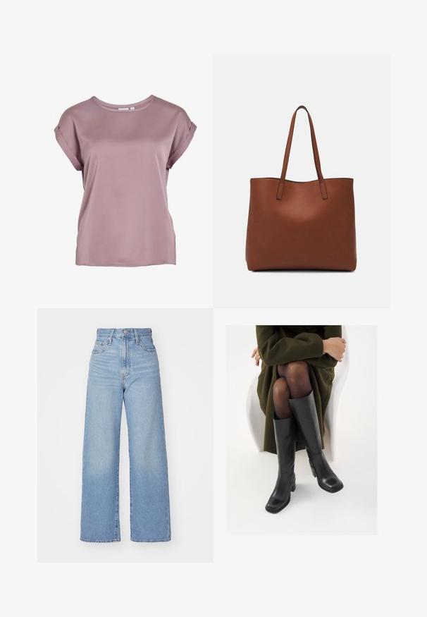 Kurzärmliges, rundhalsiges Shirt in einem sanften Mauve-Ton, aus glattem, leichtem Stoff gefertigt, mit umgeschlagenen Ärmeln und lockerer Passform.; Hellblaue High-Waist-Weite-Leg-Jeans mit Knopf- und Reißverschluss vorne, Vorder- und Rückentaschen, auf weißem Hintergrund.; Knöchelhöhe schwarze Lederstiefel mit quadrater Spitze und Blockabsatz, gezeigt mit einem Modell, das einen olivgrünen Mantel trägt. Glatte Textur, minimale Details.; Braune Leder-Tote mit glatter Textur, offenem Oberteil und zwei Schulterriemen. Verfügt über minimale Nähte und keine sichtbaren Beschläge.