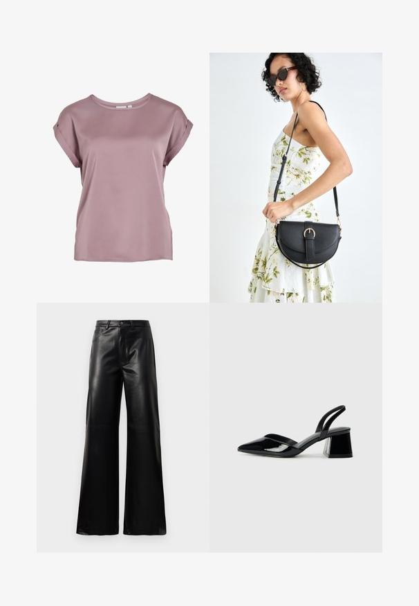 Tričko s krátkymi rukávmi a okrúhlym výstrihom v jemnej farbe staroružová, vyrobené z hladkej, ľahkej tkaniny s prehnutými rukávmi a voľným strihom.; Čierne vysokopriestené široké nohavice z umelého kože s predným gombíkom, zipsom, pútkami na opasok a bočnými vreckami na bielom pozadí.; Čierne lakované kožené sandálové podpätky s špicatou špičkou a geometrickým blokovým podpätkom. Disponujú elegantným, minimalistickým dizajnom a hladkým povrchom.; Čierna kožená kabelka s zaobleným tvarom, odnímateľným popruhom a zlatými doplnkami. Kabelka má klopu s detailom s prackou.