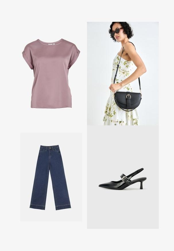 Kortermet t-skjorte med rund hals i en myk mauve-farge, laget av glatt, lett stoff med oppbrettede ermer og en avslappet passform.; Videbenede dressbukser i mørkeblå denim. Har fem lommer, beltestropper og en rå kant i bunden med synlige stikninger.; Svarte patent lær slingback hæler med spiss tå og en liten blokkheel, med en sølvspenne som detalj på stroppen.; Svart lærveske med en buet form, avtagbar stropp og gullbeslag. Vesken har et klaff med spenne-detall.
