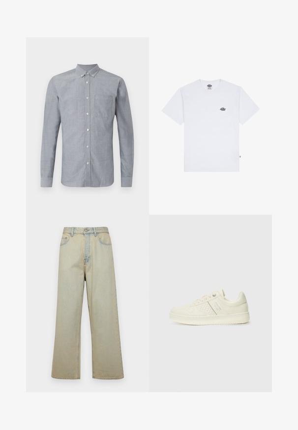 Jasnoniebieska, długa koszula z guzikami wykonana z tkanej tkaniny. Posiada jedną kieszeń na piersi oraz kołnierz zapinany na guziki. Satynowa faktura.; Biała bawełniana koszulka z krótkim rękawem, z małym czarnym logo na klatce piersiowej i metką w lewym dolnym rogu.; Jasnoniebieskie dżinsy o szerokich nogawkach, wykonane z denimu z wyblakłym wykończeniem. Posiadają pięć kieszeni i zapięcie na guziki z przodu.; Kremowe sneakersy z perforowanymi detalami, sznurowadłami i logo z boku, prezentowane na jednolitym białym tle.