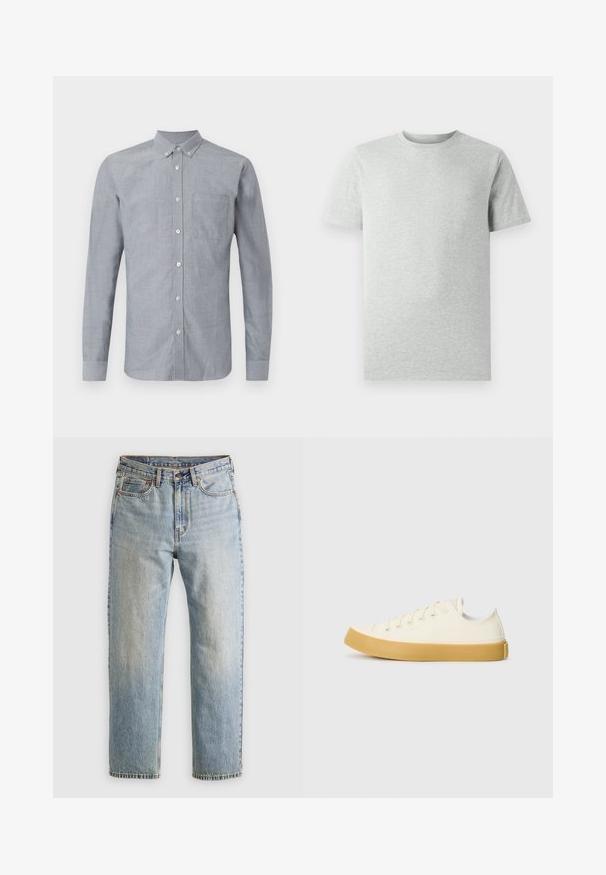 Svijetloplava, dugih rukava košulja s gumbima napravljena od tkanine. Ima jedan džep na prsima i kragnu s gumbima. Satenska tekstura.; Jednobojna svijetlosiva majica kratkih rukava s okruglim izrezom prikazana na bijeloj pozadini, s prednje strane bez vidljivih logotipa ili dizajna.; Svijetloplave traperice visoki struk, prednji gumb, zatvarač i dizajn s pet džepova, položene ravno na neutralnoj pozadini.; Platnene tenisice u boji slonovače s okruglim vrhom, s bež gumenim potplatima i pet rupa za vezivanje, teksturalna površina na gornjem dijelu.