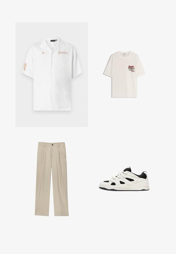 Bela kratka srajca s kratkimi rokavi, ki vsebuje zlat vezen napis "Yankees" ter logotipni zaklop na levem prsnem delu in desnem roku.; Bela bombažna majica s kratkimi rokavi in okroglim izrezom. Ima natisnjen grafični motiv v rdeči in črni barvi na levi strani prsnega predela.; Bež hlače ravnega kroja, z enim črnim gumbom, zanke za pas in stranskimi žepi. Gladka tekstura tkanine in minimalističen dizajn.; Bele in črne športne čevlje z teksturiranim podplatom, ki vsebujejo izrezljane vzorce na straneh in vezalkah ter oblazinjeno zadnjo stran za podporo.