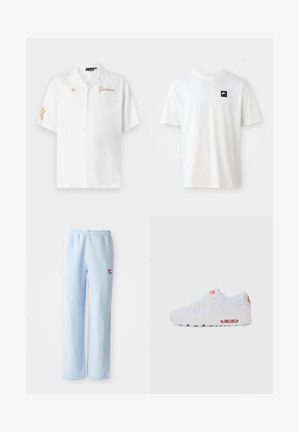 Balts īsām piedurknēm krekls ar pogām, uz kura ir zelta izšuvums ar vārdu "Yankees" un logo uz kreisā krūškurvja un labās piedurknes.; Balta kokvilnas T-kreklu ar īsām piedurknēm un apaļu kaklu; tam ir mazs melns taisnstūra Nike Air logos kreisajā krūtī.; Gaiši zili treniņbikses ar elastīgu jostasvietu, uz kurām ir neliels sarkans Nike logo un teksts "Sporta nodaļa". Mīksts kokvilnas audums.; Baltas sporta apavi ar gludu augšdaļu, saitēm, mīkstu zoli un redzamu gaisa vienību ar sarkaniem akcentiem uz zīmola.