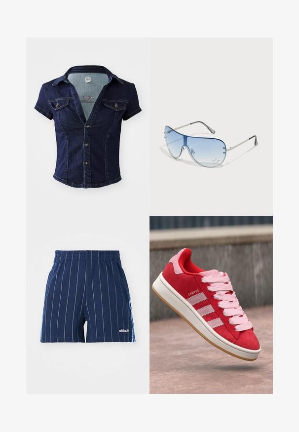 BDG Urban Outfitters POLLY - Camicia - blue; Shorts blu scuro con righe bianche, vita elastica e logo Adidas. Presenta accenti blu sui lati, realizzati in materiale misto cotone.; Sneaker rossa in suede con accenti rosa, caratterizzata da tre strisce bianche e lacci rosa chiaro. Suola intermedia bianca e suola in gomma color gomma.; Occhiali da sole aviator con lenti blu sfumate, montatura in metallo argentato e decorazioni a forma di stella sulle lenti. Design liscio e sofisticato.