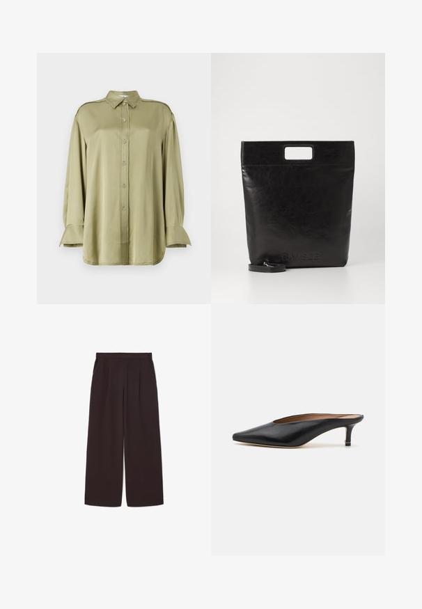 Olivgrüne Bluse aus glattem Stoff, mit einem Kragen, einer Knopfleiste, langen Ärmeln mit Manschettenakzenten und fransigen Details.; Dunkelbraune weite Hosen aus leichtem Stoff, mit hoher Taille, Falten und zwei Seitentaschen, sowie einem elastischen Bund.; Schwarze Leder-Mules mit spitzem Zehenbereich und niedrigem Blockabsatz. Glatte Textur mit elegantem Design. Offene Rückseite mit minimaler Gestaltung.; Schwarze Leder-Tote-Tasche mit einem quadratischen Griff, ausgestattet mit einer strukturierten Oberfläche und geprägtem Logo. Inklusive abnehmbarem Tragegurt.