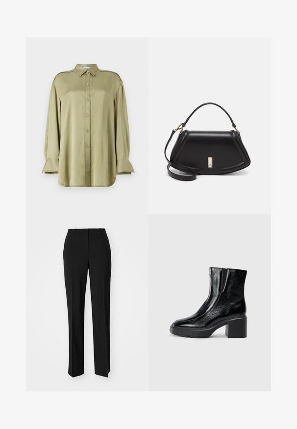Olivgrüne Bluse aus glattem Stoff, mit einem Kragen, einer Knopfleiste, langen Ärmeln mit Manschettenakzenten und fransigen Details.; Schwarze, taillierte Hose mit geradem Bein, aus einem glatten Stoff und mit klaren Falten an der Vorderseite. Keine sichtbare Hardware.; Schwarze Lackleder-Stiefeletten mit einer geschwungenen Zehenpartie, elastischen Seiteneinsätzen und einem klobigen Blockabsatz. Mit geprägtem Logo auf der Rückseite.; Schwarze Lederhandtasche mit einem strukturierten Design, das eine verkürzte Form, einen oberen Griff und goldfarbene Hardware-Details aufweist. Verstellbarer Schulterriemen ist enthalten.