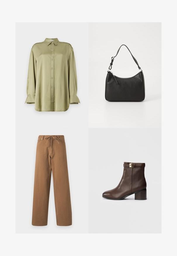 Blusa de color verde oliva hecha de tela suave, con cuello, cierre de botones en la parte frontal, mangas largas con detalles en los puños y un acabado deshilachado.; Pantalones de pierna ancha marrones hechos de algodón, con una cintura ajustable con cordón y dos bolsillos frontales. Tejido texturizado con un acabado suave.; Botín de piel marrón hasta el tobillo con puntera redondeada, tacón bajo y recto, y una correa decorativa con hebilla en el tobillo. Textura suave y diseño elegante.; Bolso de mano de cuero negro con forma curvada, una sola correa, cierre de cremallera y marcas sutiles en la parte frontal. Textura suave, diseño minimalista.