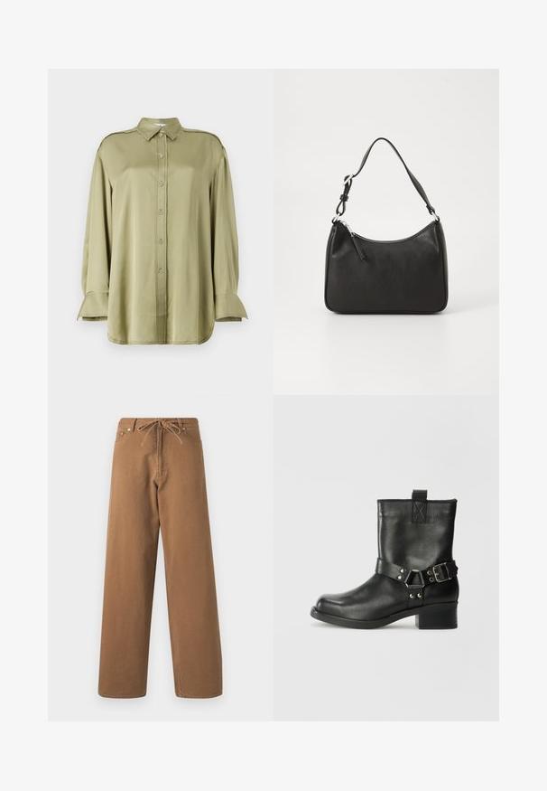 Blusa verde oliva realizzata in tessuto morbido, dotata di colletto, chiusura con bottoni, maniche lunghe con dettagli a polsino e finiture sfilacciate.; Pantaloni larghi marroni in cotone, con vita elasticizzata e due tasche frontali. Tessuto strutturato con una finitura liscia.; Samsøe Samsøe SABRENTA - Stivaletti texani / biker - black; Borsa a tracolla in pelle nera con forma curva, una tracolla singola, chiusura con zip e marchio discreto sul fronte. Texture liscia, design minimalista.