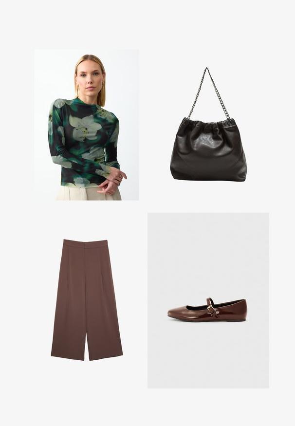 Langärmliges Oberteil aus einem transparenten, leichten Stoff mit dunklem Hintergrund und großen weißen und grünen Blumenmustern. Hoher Kragen und taillierte Passform.; Braune Weite-Leg-Hosen mit einer glatten Textur, hoher Taille und Vorderfalten. Der Stoff ist leicht und fällt locker.; Braune Lackleder-Ballerinas mit quadratischer Zehenform und Riemen mit einer kleinen goldenen Schnalle. Glatte Textur, niedriger Absatz und minimalistisches Design.; Braune Lederhandtasche mit gerafftem Oberteil und Kettenriemen. Glatte Textur mit glänzendem Finish und subtilen Nahtdetails an den Seiten.