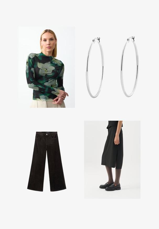 Long-sleeve top in a sheer, lightweight fabric featuring a dark background with large white and green floral patterns. High neckline and fitted design.; Black corduroy wide-leg pants with a high waist, front pockets, and a textured fabric, featuring a button closure and belt loops.; Black knee-length skirt with side slit, paired with black loafers and sheer brown tights, featuring a smooth fabric and simple design.; Silver hoop earrings with a smooth, polished surface and a thin, circular shape. The design features a secure clasp.