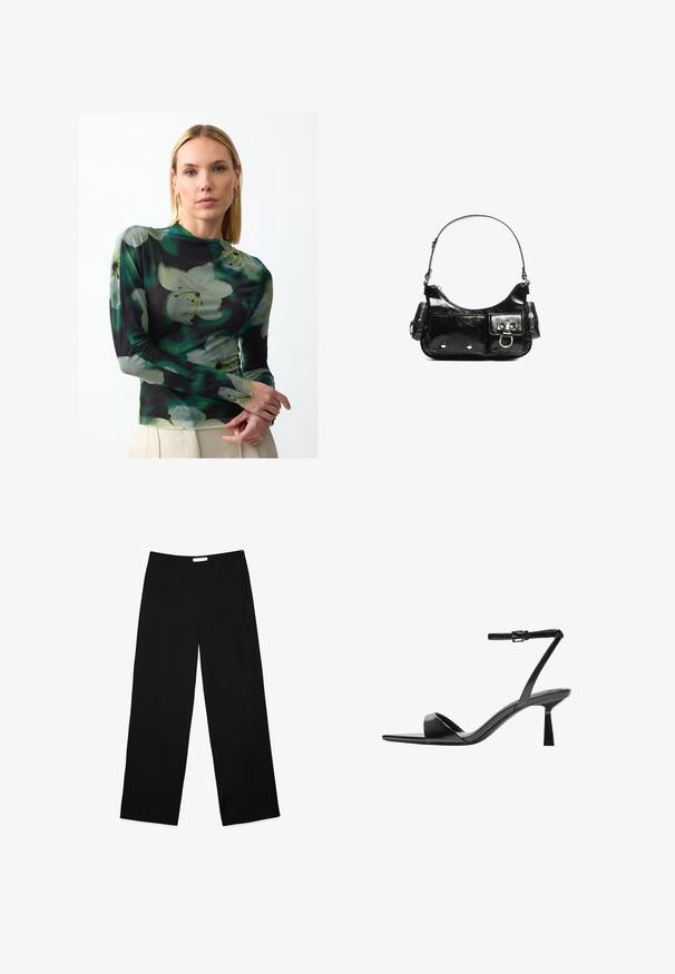 Long-sleeve top in a sheer, lightweight fabric featuring a dark background with large white and green floral patterns. High neckline and fitted design.; Wide-leg trousers in black fabric, featuring a smooth texture, clean design, and a discreet side zipper for closure.; Bershka High heeled sandals - black; Black patent leather handbag with a curved shape, one shoulder strap, front pockets, and silver-tone hardware accents.