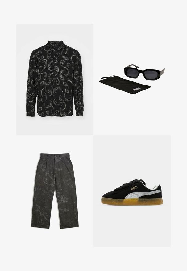 Črna srajca z gumbi, okrašena z belimi spiralnimi paisley vzorci, dolge rokave in standarden ovratnik, izdelana iz lahkega blaga.; Temno sivi jeans hlače s sproščenim krojem, ki imajo subtilne marmorirane vzorce in kovinske dodatke. Oblikovanje s petimi žepi.; Črne semiš teniske z belim stranskim pasom in zlatim logotipom. Imajo gumijast podplat z teksturiranim vzorcem. Niti so črne in ravne.; Črne sončna očala z oglatimi, prenagljenimi okviri in temnimi lečami, vključno s črnim mikrovlakenim etuijem z logotipom.
