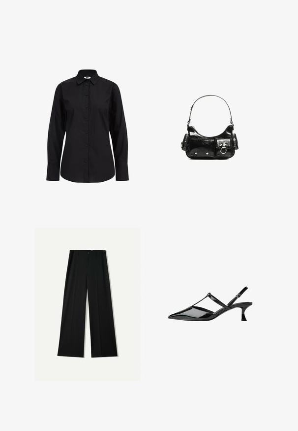 Fekete, hosszú ujjú gombos ing, sima anyagból, klasszikus gallérral, elülső gombokkal és testhezálló szabással.; Bershka WIDE - Nadrágok - black; Fekete lakk bőr szandál magassarkú cipők hegyes orral, keresztpántos dizájnnal és finoman megemelt sarkukkal. Simább, fényes felület, kivágott részletekkel.; Fekete lakkbőr kézitáska ívelt formával, egy vállpánttal, elülső zsebekkel és ezüstszínű fémrészletekkel.