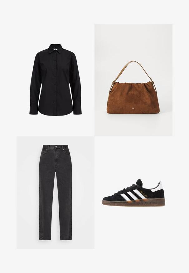 Černá košile s dlouhým rukávem, vyrobená z hladkého materiálu, s klasickým límečkem, předními knoflíky a moderním střihem.; Černé džíny se rovnými nohavicemi a vysokým pasem, se zapínáním na knoflík a zip, a pěti kapsami na bílém pozadí.; Černé tenisky Adidas se bílými pruhy, zlatým textem "Spezial", gumovou podešví a bílou patní částí, zobrazené v bočním pohledu.; Hnědá semišová kabelka se skládáním, s jedním světlým koženým popruhem a decentním zlatým logem na přední straně.