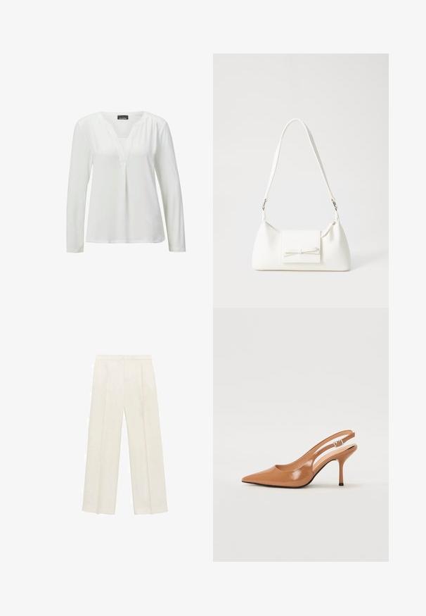 Weißes Langarmbluse mit V-Ausschnitt, aus glattem Stoff gefertigt. Hat subtile Raffung an den Schultern und einen geraden Saum. Markenschild sichtbar.; Weit geschnittene Hosen in einem hellen cremefarbenen Farbton. Hergestellt aus einem glatten Stoff mit Falten an der Vorderseite und seitlichen Taschen.; Spitz zulaufender Slingback-Absatz aus einem glatten, glänzenden, tanfarbenen Material. Mit einem geschwungenen Ausschnitt-Design und einem schlanken Stiletto-Absatz. Silberne Schnallendetails.; Weiße synthetische Handtasche in dreieckiger Form, flache Vorderklappe und Schleifendetail, verstellbarer Trageriemen, glatte Textur und minimalistisches Design.
