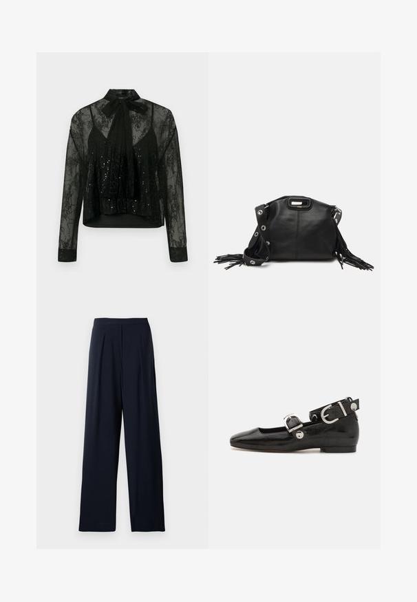 Fekete, áttetsző blúz hosszú ujjakkal, csipkével borított, flitterdíszítéssel, nyakkendővel a nyaknál és cropped fazonnal.; Sötétkék, bő szárú nadrág, amely lágy anyagból készült. Simma derékpánttal rendelkezik, és díszítés nélküli dizájnja sokoldalú viseletet biztosít.; Fekete lakkbőr lapos cipő négyzet alakú orral, ezüst hardware-rel ellátott bokapánttal és lapos talppal. Simaságával és minimalista dizájnjával kiemelkedő.; Maje MISS MINI - Keresztpántos táska - noir