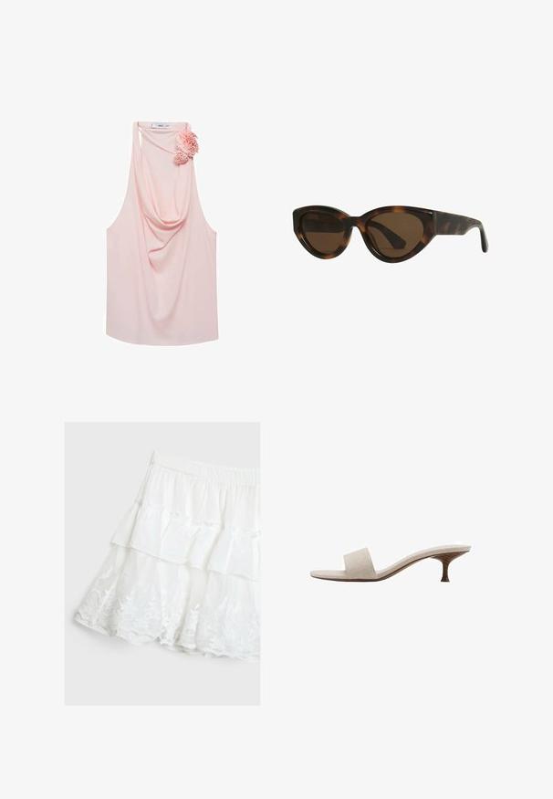 Haut sans manches rose clair avec un col drapé et un accent floral sur le côté gauche. Fabriqué dans un tissu lisse, il présente une coupe décontractée et un ourlet arrondi.; Jupe blanche à volants en tissu léger, ornée d'un design à volants et d'une bordure en dentelle florale à l'ourlet. Taille élastique.; Sandale sans talon avec une tige en tissu tissé beige, bout ouvert et semelle intermédiaire en bois courbé. Le design présente une texture lisse et une forme minimaliste.; Lunettes de soleil en forme d'œil de chat en écaille de tortue avec des verres marron, dotées de montures en plastique lisses et brillantes et d'un design élégant. Pas de logos ou d'accent visible.; Barrette blanche en forme de fleur avec un dégradé jaune clair, dotée d'un mécanisme à ressort et d'une texture en plastique lisse.