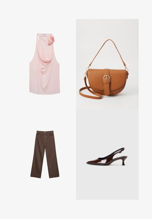 Svijetlo ružičasti bezrukavni top s naboranim izrezom i cvjetnim naglaskom s lijeve strane. Izrađen od glatke tkanine, ima opušteni kroj i zaobljeni rub.; Proširene smeđe traperice od denima, s visokim strukom, prednjim džepovima i klasičnom kopčom na dugme. Glatka tekstura s suptilnim šavovima.; Smeđe patentne kožne cipele s otvorenom petom, špicastim vrhom i umjerenom petom. Imaju remen s kopčom za sigurno pristajanje. Glatka tekstura.; Smeđa kožna torba preko tijela s zakrivljenim oblikom, zlatnim metalnim detaljima i naglaskom na kopču. Ima odvojivu naramenicu.