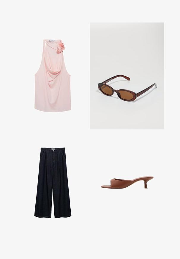 Jasnoróżowa bluzka bez rękawów z drapowanym dekoltem i kwiatowym akcentem po lewej stronie. Wykonana z gładkiego materiału, ma luźny krój i zaokrąglony dół.; Ciemnoniebieskie spodnie o szerokich nogawkach z wysokim stanem, z zamknięciem na guzik z przodu, dwoma bocznymi kieszeniami oraz detalami w szwach.; Brązowe klapki na obcasie z odsłoniętymi palcami, o gładkim, matowym wykończeniu, z zakrzywionym kształtem i przezroczystym, zwężającym się obcasem.; Okrągłe, brązowe okulary przeciwsłoneczne z błyszczącą bordową oprawą. Cienkie ramiona z subtelnym detalem marki. Płaski kształt soczewek.; Brązowa skórzana torebka z podwójnymi uchwytami, okrągłym kształtem, złotymi okuciem i centralnym detalem z klamrą. Gładka tekstura z haftowanymi akcentami.