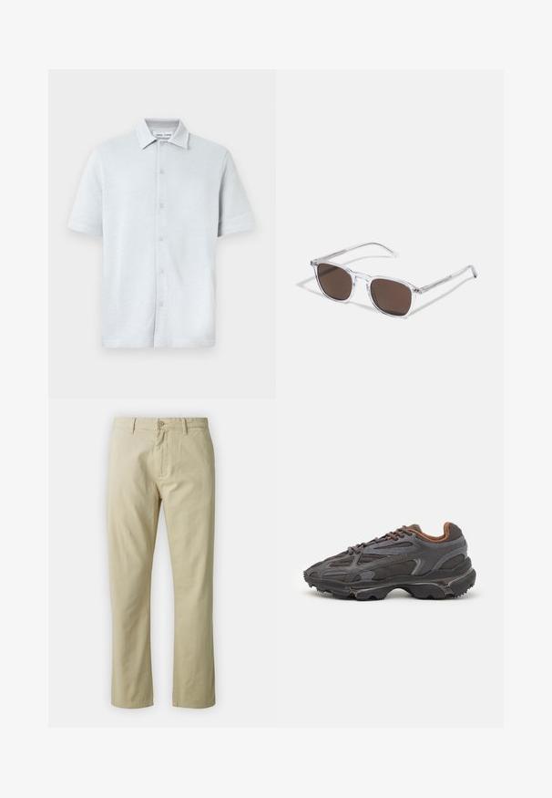 Kortermet skjorte med krage i lyseblått, teksturert stoff med diamantmønster, med knapper foran og rett nederkant.; Beige bomullsbukser med rett ben-design, frontlukking med knapp og beltehemper. Jevn tekstur, ingen synlige mønstre eller detaljer.; Lacoste-sneakers i mørkegrått med mesh- og syntetisk materiale, med en teksturert såle og brune detaljer på kragen og merket.; Klare plastikk solbriller med rektangulære brune linser, med tynne, gjennomsiktige armer og metalldetaljer på templene.