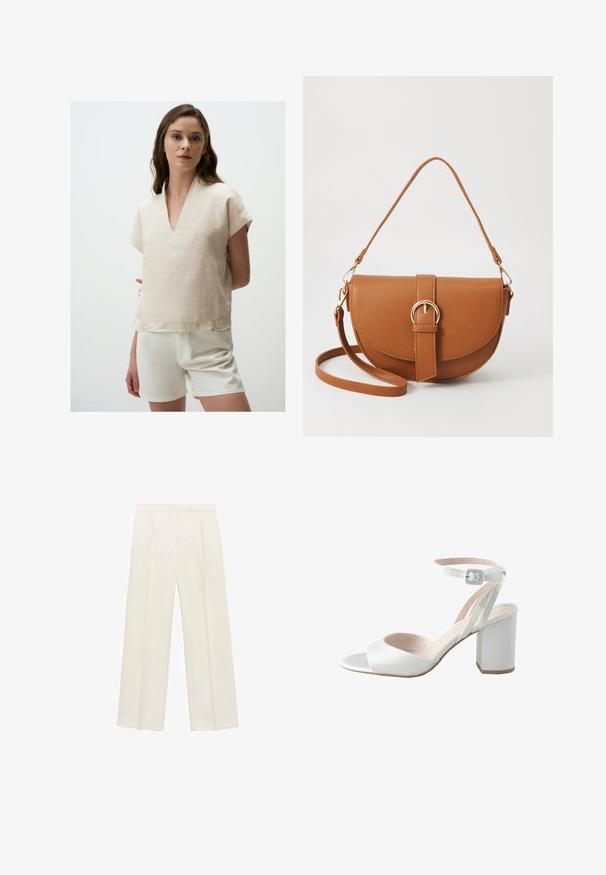 Beige Leinenoberteil mit kurzen Ärmeln und V-Ausschnitt. Der Saum ist gerade und ergänzt weiße Shorts. Der Stoff hat eine leicht strukturierte Oberfläche.; Weit geschnittene Hosen in einem hellen cremefarbenen Farbton. Hergestellt aus einem glatten Stoff mit Falten an der Vorderseite und seitlichen Taschen.; Weiße High-Heels Sandale mit glänzendem Satin-Obermaterial, weitem Blockabsatz und Knöchelriemen mit einer kleinen Schnalle. Sanfte Textur, minimalistisches Design.; Braune Leder-Crossbody-Tasche mit geschwungener Form, goldfarbenen Beschlägen und einer Schnallenakzentuierung. Verfügt über einen abnehmbaren Schultergurt.