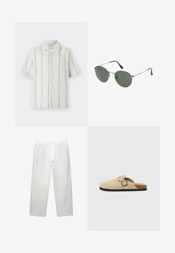 Lyhythihainen napillinen paita, jossa on vaaleansinisiä, beigejä ja valkoisia pystyraitoja. Pehmeä kangas, rento istuvuus ja klassinen kaulus.; Valkoinen puuvillapaita lyhyillä hihoilla, pyöreällä kaula-aukolta ja rentoa istuvuutta. Sujuva pinta ilman näkyviä kuvioita tai korostuksia.; Valkoiset pellava-housut, joissa on elastinen vyötärö ja naru, leveät lahkeet ja siistit saumat. Sileä pinta ja rento istuvuus.; Beige mokkasiner i semsket skinn med korksåle, rund tå og en enkel stropp med gulltone spenne. Gummisåle for godt grep.; Aurinkolasit metallikehyksillä, joissa on soikeat vihreät linssit. Ohut hopeinen metallikehys ja mustat korvapehmusteet. Minimalistinen muotoilu, ei näkyviä logoja.