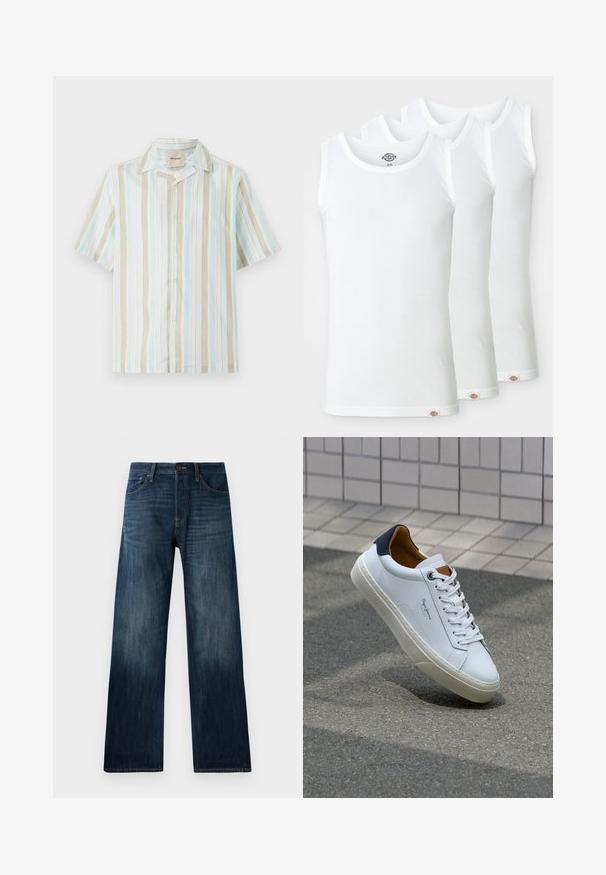 Lühikeste varrukatega nööbitav särk, millel on vertikaalsed triibud helesinises, beežis ja valges. Pehme riie, mugav lõige ja klassikaline krae.; Kolm valget rinnahoidjat topi, mis on valmistatud soonikust puuvillast. Igaühel on ümmargune kaelus ja väike logo silt ääres. Klassikaline, lihtne disain.; Tumedat sinised denim püksid sirge säärega disainiga, millel on kerge tekstuur, vöökoha silmadega ja klassikaline viie tasku stiil.; Valge nahast tennis, millel on tumesinine konts, ümmargune nina ja kontrastsed pruuni aktsendid. Omab lamepaelti ja tekstureeritud kummist tallat.