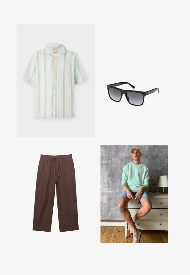 Koszula z krótkim rękawem, zapinana na guziki, w pionowe paski w jasnoniebieskim, beżowym i białym kolorze. Miękka tkanina, luźny krój i klasyczny kołnierzyk.; Biała bawełniana koszulka z klasycznym okrągłym dekoltem, krótkim rękawem oraz małym, szarym logo GAP po lewej stronie klatki piersiowej. Prosty, bez zdobień krój.; Brązowe lniane spodnie z szerokimi nogawkami i elastycznym pasem na sznurku, z dwoma bocznymi kieszeniami i lekkim, teksturowanym materiałem.; Miętowy sweter, dżinsowe szorty i oliwkowe buty wsuwane. Siedząc na jasnym komodzie przy teksturowanej szarej ścianie.; Guess - Okulary przeciwsłoneczne