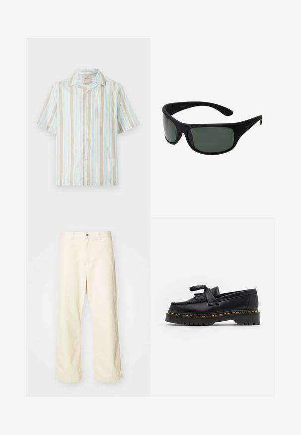 Košile s krátkým rukávem, knoflíková, se svislými pruhy v světlé modré, béžové a bílé barvě. Měkká tkanina s volným střihem a klasickým límcem.; Krémové široké kalhoty vyrobené z bavlny s knoflíkovým zapínáním, poutky na opasek a prošitým lemem. Hladká textura, bez viditelných vzorů.; Černé kožené mokasíny s třásněmi, se silnou černou podrážkou a žlutým prošíváním podél okraje. Texturovaný povrch.; Černé sluneční brýle ve stylu wraparound s tmavě zelenými skly. Matný povrch, zakřivený design, rovné nožičky a decentní značení na straně.