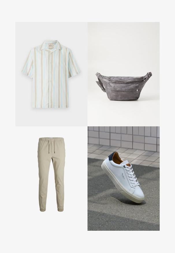 Rövid ujjú, gombos ing, világoskék, bézs és fehér függőleges csíkokkal. Puha anyag, könnyed fazonnal és klasszikus gallérral.; Beige tapered sportos nadrág elasztikus derekkal, húzózsinórral és bokakötéssel, puha anyagból készült. Simára kidolgozott felület és minimalista dizájn jellemzi.; Fehér bőr sneaker sötétkék sarkúval, kerek orral és kontrasztos barna részletekkel. Lapított fűzőkkel és textúrált gumitalppal rendelkezik.; Szürke velúr övtáska kerek formával, két cipzáras rekesszel és állítható pánttal. Fém dekorációval rendelkezik.