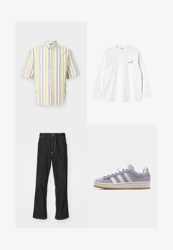 Korte mouwen shirt in geel met verticale grijze en witte strepen, met een button-down kraag en een sluiting met knopen aan de voorkant.; Witte katoenen T-shirt met lange mouwen en ronde hals, met een klein geel en bordeaux logo op de linkerborst. Naadloze manchetten en zoom.; Zwarte denim jeans met een losse pasvorm, voorzien van contrasterende witte stiksels, een knoopsluiting en een recht ontwerp.; Grijze suede sneakers met witte strepen, ronde neus en rubberen zool. Heeft perforaties aan de zijkant en een getextureerde hiel tab.
