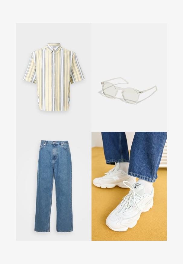 Kortsleeve skjorte i gul med vertikale grå og hvite striper, med krage som kan knyttes og knappelukking foran.; Weekday GALAXY LOOSE STRAIGHT UNISEX - Løst sittende jeans - blue; Hvite New Balance 1000-sneakers laget av mesh og lær, rund tå, teksturert design og snøring. Kombinert med blå jeans.; Runde solbriller med transparent ramme, lysegrønne linser og tynne, klare stenger. Har subtile hardwaredetaljer på rammen.