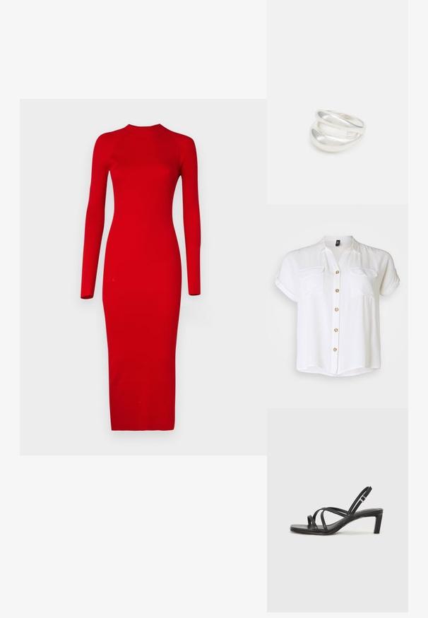 Balta trumpų rankovių marša su dviem priekinėmis kišenėmis, užsegimu mygtukais ir mediniais mygtukais. Minkšta, glotni medžiaga su šiek tiek laisvu siluetu.; Vero Moda Tall VMWILLOW DRESS - Sarafanas - salsa; Juodi šlepetės su kvadratiniu pirštu ir žemu bloku kulnu. Yra keli ploni dirželiai ir reguliuojamas kulkšnies diržas. Pagaminti iš lygios odos.; Juodas odinis per petį nešiojamas krepšys turi lygų paviršių, stačiakampio formą ir metalinę grandinėlę priekyje. Pridedama reguliuojama dirželis.; Sidabrinis dvigubas žiedas su lygiu, poliruotu paviršiumi. Pasižymi sklandžiu, kreiptu dizainu su persipinančiomis dalimis, suteikiančiomis modernų išvaizdą.