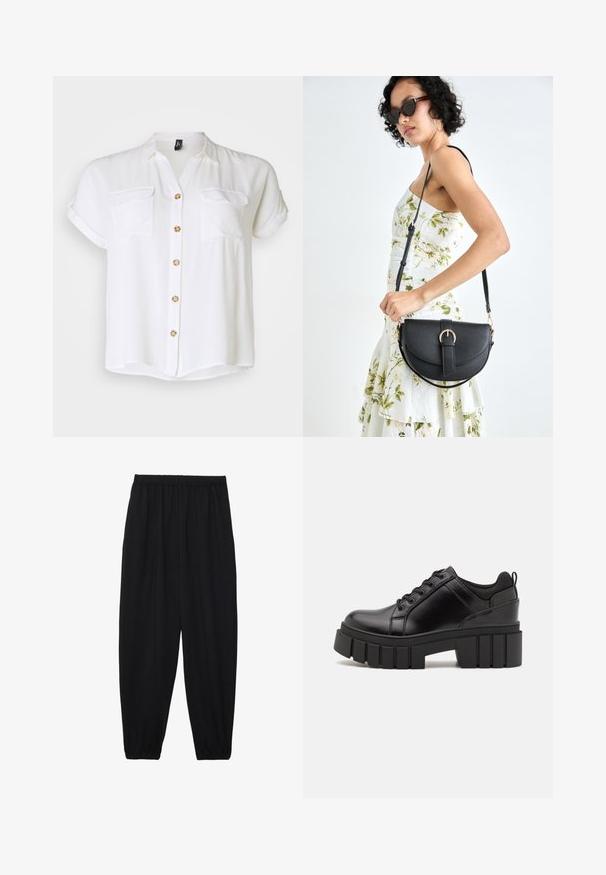 Weißes Kurzarmhemd mit zwei Brusttaschen, Knopfleiste vorn und Holzknöpfen. Weicher, glatter Stoff mit leicht lockerer Passform.; Schwarze, leichte Hosen mit einem elastischen Bund und gerafften Knöcheln. Der Stoff ist glatt und hat ein entspanntes, schmal zulaufendes Design.; Schwarze Lederplateauschuhe mit klobigem Blockabsatz, runder Zehenpartie und traditionellem Schnürdesign. Verfügt über eine glatte Textur und minimale Details.; Schwarze Lederhandtasche mit geschwungener Form, abnehmbarem Tragegurt und goldenen Beschlägen. Die Tasche verfügt über einen Deckel mit einer Schnallen-Details.
