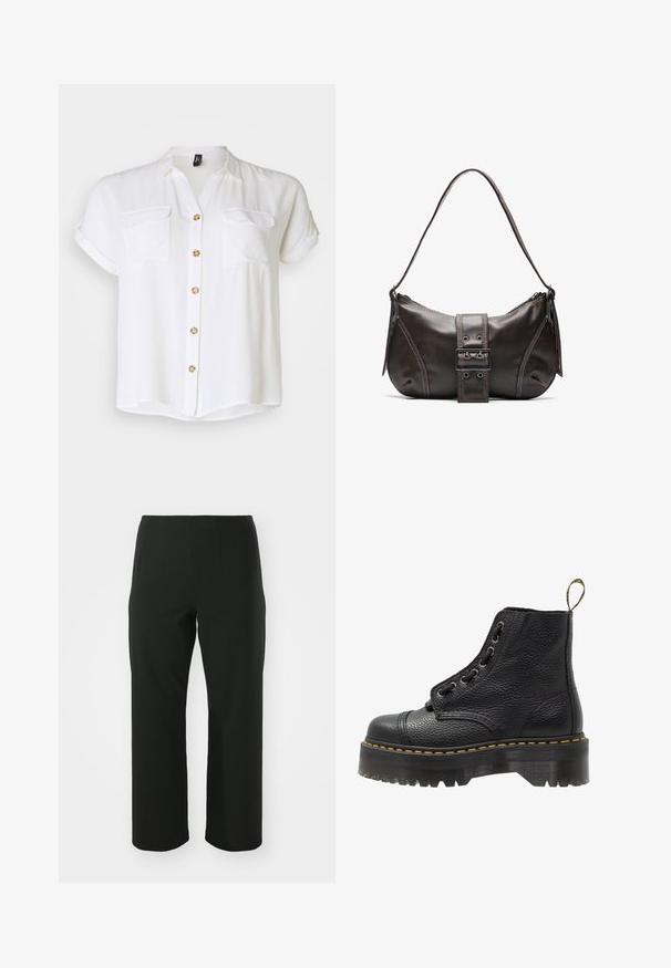 Chemise blanche à manches courtes avec deux poches devant, fermeture à boutons sur le devant et boutons en bois. Tissu doux et lisse avec une coupe légèrement ample.; Vero Moda Curve VMCAUGUSTA PANT - Pantalon classique - black; Bottines en cuir noir avec surface texturée, bout arrondi, lacets, coutures jaunes et une épaisse semelle noire crantée.; Sac à épaule en cuir marron avec une forme courbée, présentant un détail de boucle proéminent, des coutures contrastantes et une seule bandoulière.; Boucles d'oreilles en or avec un design en forme de boucle ouverte et élancée. Texture lisse avec une finition polie, sans embellissements ni motifs.