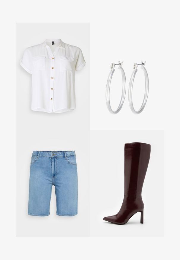 Camisa blanca de manga corta con dos bolsillos frontales, cierre de botones en la parte delantera y botones de madera. Tejido suave y liso con un corte ligeramente holgado.; Shorts de mezclilla azul claro con corte clásico, que cuentan con un cierre frontal de botones, pasadores para cinturón y dos bolsillos laterales. Textura suave y dobladillo recto.; Even&Odd Botas - dark red; Pendientes de aro de plata con un acabado liso y pulido. Forma redonda y cierre de click seguro. Diseño ligero adecuado para el uso diario.
