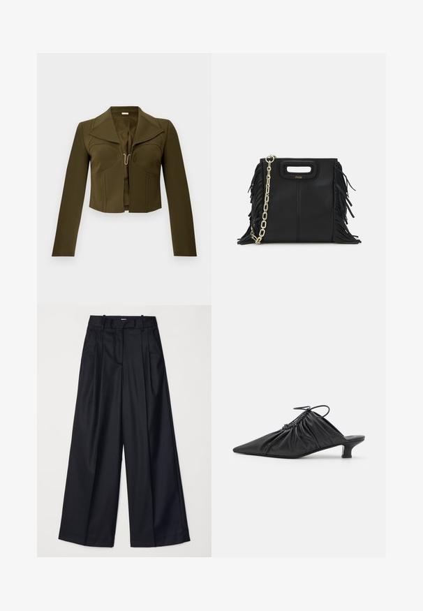 Olivno zelena skrajšana jakna s strukturiranim dizajnom, ostrimi klapnicami, dolgimi rokavi in zaponko spredaj, izdelana iz gladkega materiala.; Črne široke hlače iz gladkega blaga, z visokim pasom, naborki in prirejenim dizajnom. Preprosta črna strojna oprema na pasu.; Črne usnjene sprednje mule s koničastim nosom, zgrčenim teksturiranim dizajnom in majhno mačjo peto. Imajo detajl s vezalko na odprtju.; Črna usnjena ročna torba z detajli fringa, zlatim verigo za rame in izrezanim ročajem. Na sprednji strani je nameščen logotip.; Zlate in srebrne viseče uhane z ukrivljeno, podolgasto obliko. Sijajna površina z gladko teksturo in minimalističnim oblikovanjem.
