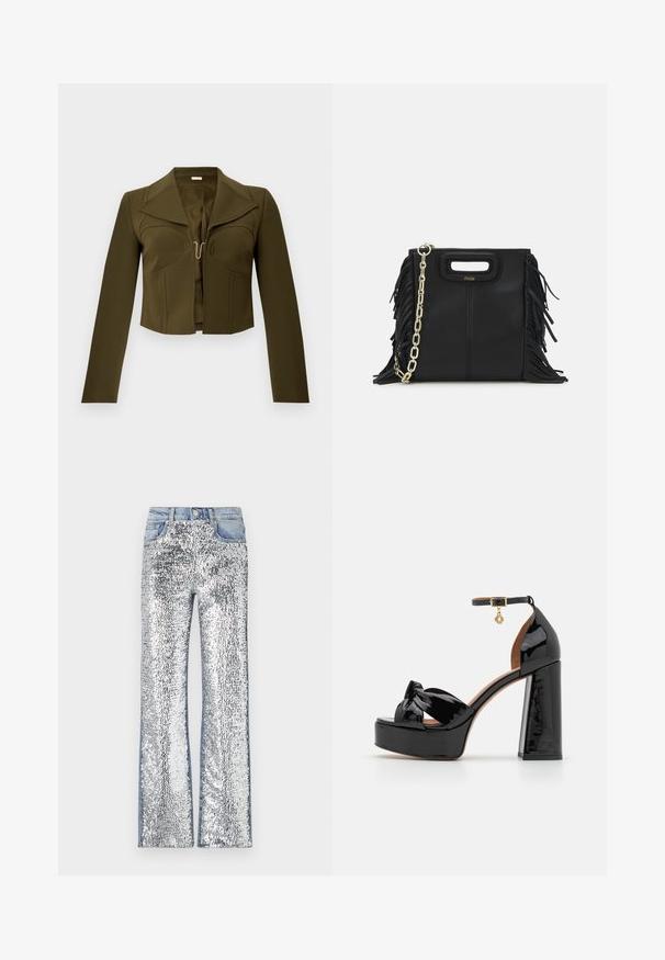 Jachetă scurtă de culoare verde măslinie, cu un design structurat, rever ascuțit, mâneci lungi și închidere cu cârlig în față, realizată dintr-un material neted.; Jeans din paiete argintii cu un design evazat, cu un brâu și laterale din denim, creând o suprafață texturată și reflectorizantă.; Maje Sandale cu toc - noir; Geantă de mână din piele neagră cu detalii din franjuri, curea de umăr din lanț auriu și un mâner cu tăietură. Prezintă plasarea logo-ului pe față.