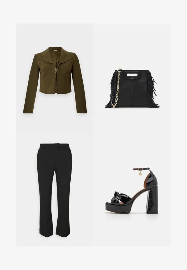 Jachetă scurtă de culoare verde măslinie, cu un design structurat, rever ascuțit, mâneci lungi și închidere cu cârlig în față, realizată dintr-un material neted.; Pantaloni negri, croiți pe picior drept, cu bucle pentru curea și buzunare laterale. Fabricate dintr-un material neted, cu un finisaj curat.; Maje Sandale cu toc - noir; Geantă de mână din piele neagră cu detalii din franjuri, curea de umăr din lanț auriu și un mâner cu tăietură. Prezintă plasarea logo-ului pe față.