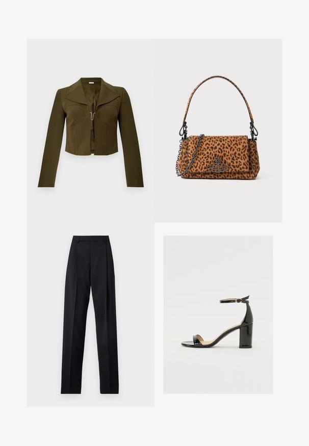 Olive green cropped jacket with a structured design, sharp lapels, long sleeves, and a hook closure at the front, made from smooth fabric.; Black trousers made from smooth fabric featuring a high waist, wide legs, front pleats, and classic belt loops. No side pockets visible.; Black patent leather sandal with a wide heel, open toe, and ankle strap featuring a gold buckle. Smooth texture and sleek design.; Leopard print handbag made of suede with a short handle, a chain strap, and a black hardware clasp. Rectangular shape with a flap closure.