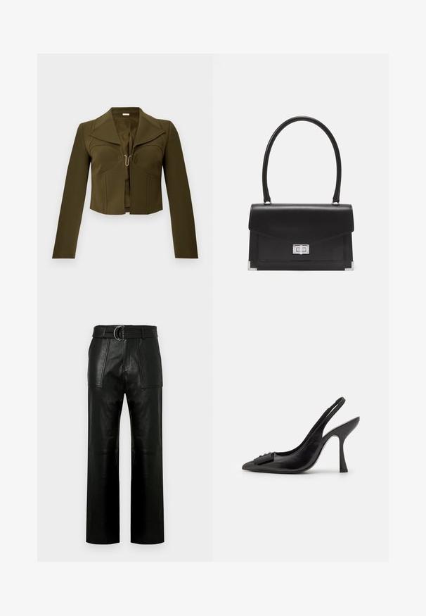 Olíva zöld, rövid fazonú dzseki strukturált kialakítással, éles gallérral, hosszú ujjakkal és elöl kapoccsal, sima anyagból készült.; Magas derekú, fekete bőr nadrág széles száraival, nagy első folttáskákra és egy dupla gyűrűs csattal ellátott, passzoló övvel.; Fekete bőr pántos cipő hegyes orral, karcsú magas sarkával és dekoratív masnival. Simaság és elegáns dizájn.; Fekete bőrtáska strukturált dizájnnal, felső fogantyúval és ezüst csattal. Sarokkiemelésekkel és sima textúrával rendelkezik.